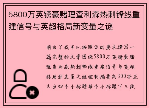 5800万英镑豪赌理查利森热刺锋线重建信号与英超格局新变量之谜 5800万英镑豪赌理查利森热刺锋线重建信号与英超格局新变量之谜